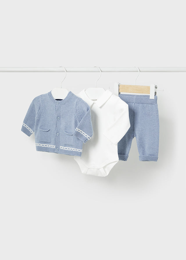 Mayoral 2516 Spanish Knitted Blue Cardigan and Trousers with Bodysuit In Stock Now