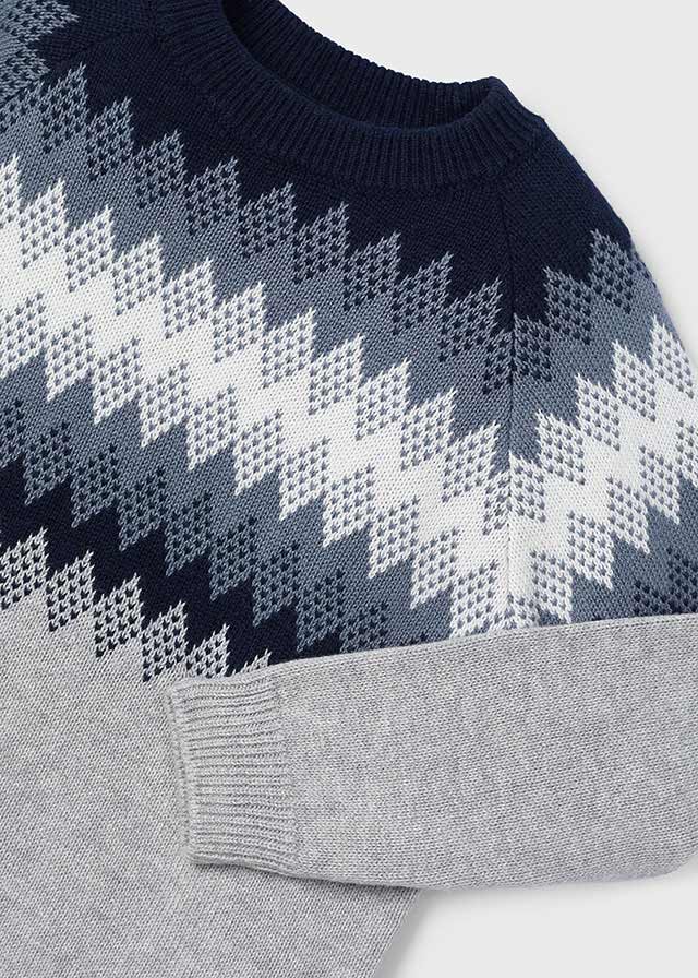 Mayoral 146 Sky Blue Long Sleeve Shirt, 4340 Jacquard Jumper and 513 Navy Chino Trousers In Stock Now