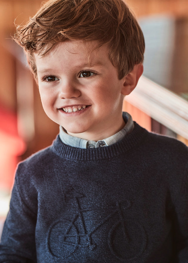 Mayoral 4341 Navy Embossed Jumper, 146 Blue Long Sleeve Shirt and 4540 Denim Jeans In Stock Now