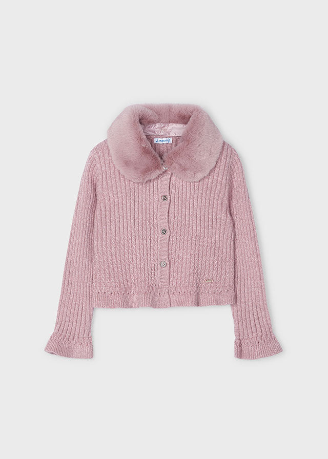Mayoral 4362 Rose Faux Fur Collar Cardigan In Stock Now