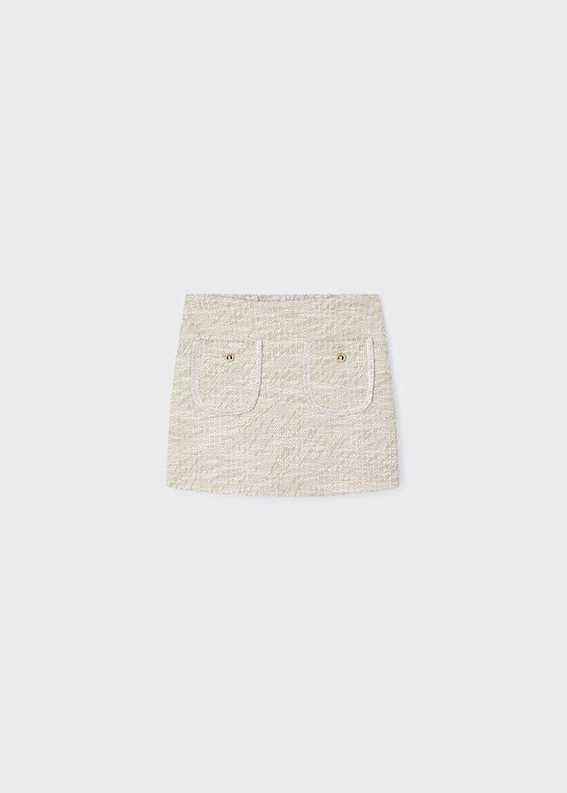 Mayoral 131 Natural Long Sleeve Blouse, 4355 Jumper and 4908 Sand Tweed Skort In Stock Now
