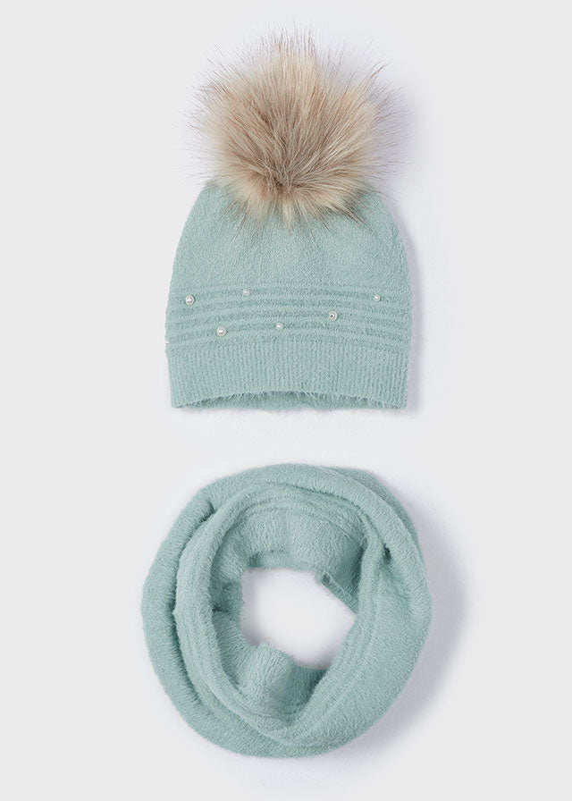 Mayoral 10825 Jade Pom Pom Hat and Scarf In Stock Now