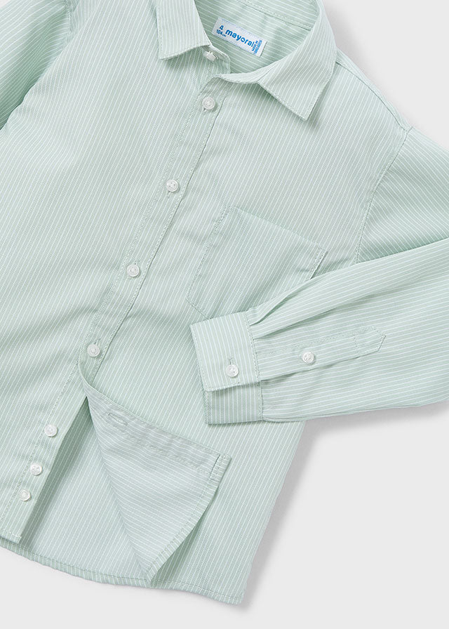 Mayoral 146 Long Sleeve Green Stripe Shirt, Mayoral 323 Green Jumper and Mayoral 513 Navy Blue Trousers In Stock Now