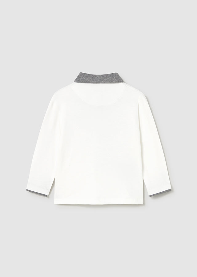 Mayoral 2103 Cream Long Sleeve Polo Shirt, Mayoral 2343 Dog Jumper and Mayoral 2511 Grey Trousers In Stock Now