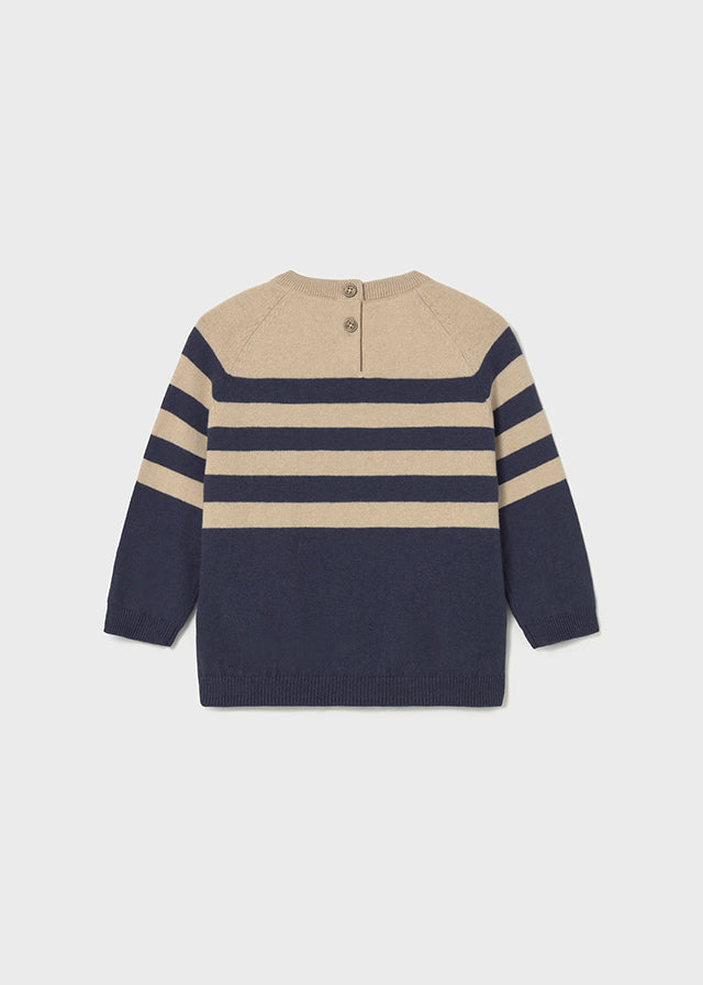 Mayoral 2107 Long Sleeve Teddy Bear Shirt, Mayoral 2342 Navy Blue Stripe Jumper and Mayoral 2502 Dark Denim Slim Fit Trousers In Stock Now