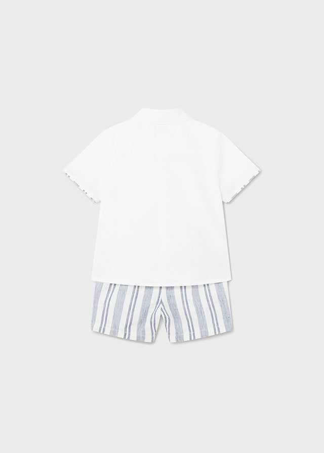 Pre-Order Mayoral 1248 White Short Sleeve Shirt and Navy Linen Stripe Shorts