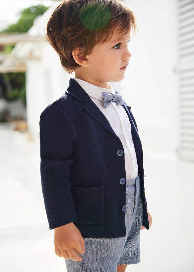 Pre-Order Mayoral 1247 White Shirt, Navy Shorts with Braces and Bowtie