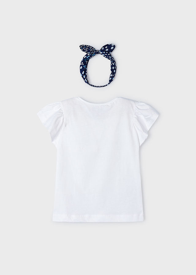 Mayoral 3089 100% Cotton White Short Sleeve Tee-Shirt, Headband and 3535 100% Cotton Ink Printed Trousers