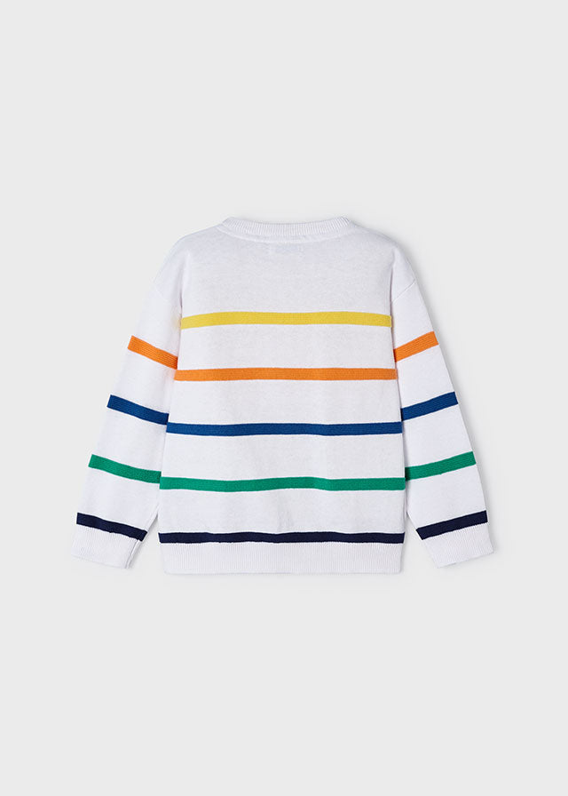 Mayoral 3104 Short Sleeve Stripe Polo Shirt, 3357 Multicolour Stripes Jumper and 3269 Bermuda Shorts