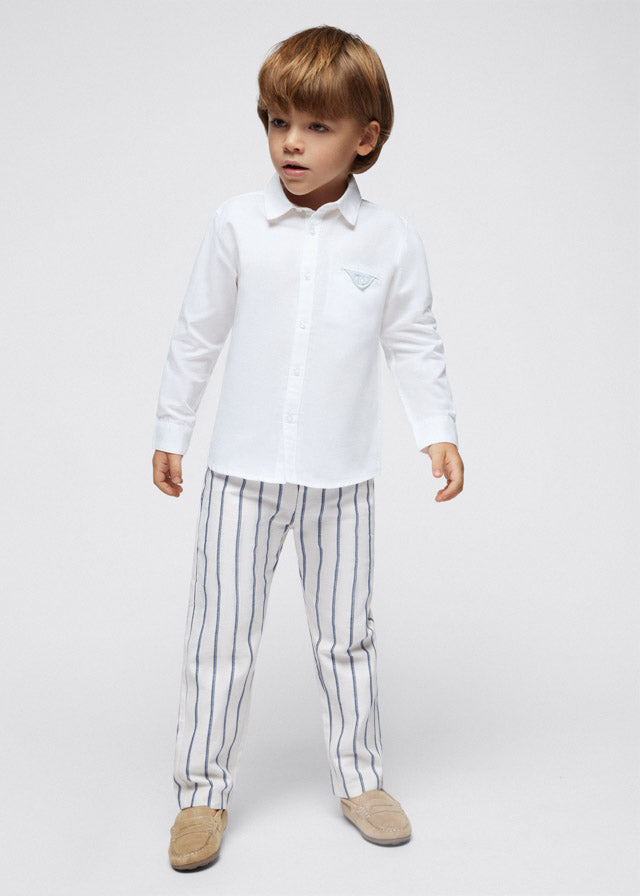 Mayoral 140 White Long Sleeve Shirt, 3541 Stripe Trousers and 3486 Navy Blazer