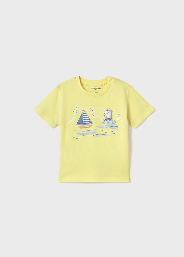 Mayoral 1059 Yellow Short Sleeve Tee-Shirt and Mayoral 621 Capri Blue Shorts In Stock Now