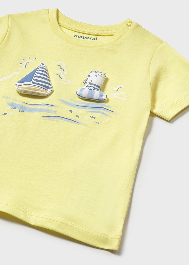 Mayoral 1059 Yellow Short Sleeve Tee-Shirt and Mayoral 621 Capri Blue Shorts In Stock Now