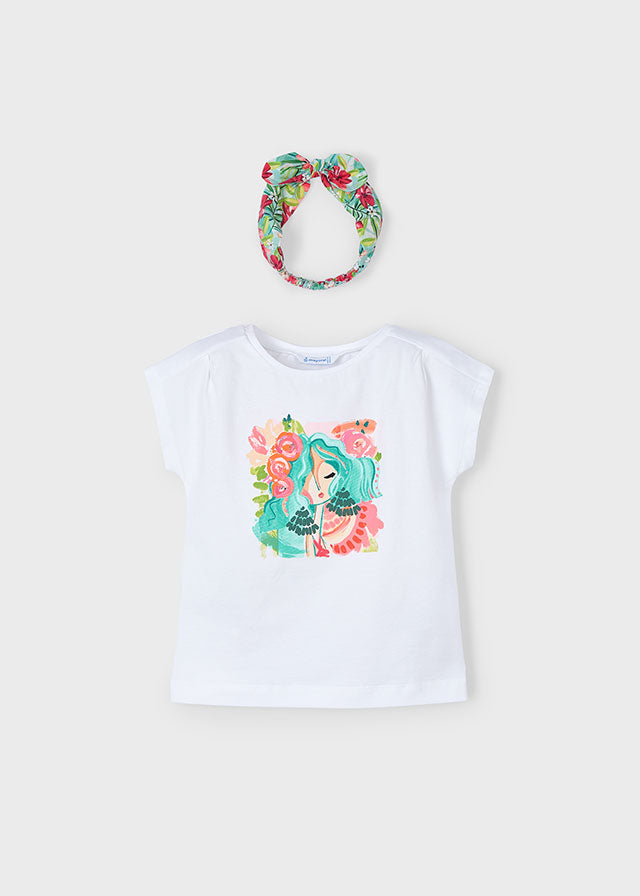 Mayoral 3009 White Tee-Shirt, Headband and Mayoral 3908 Aqua Shorts In Stock Now