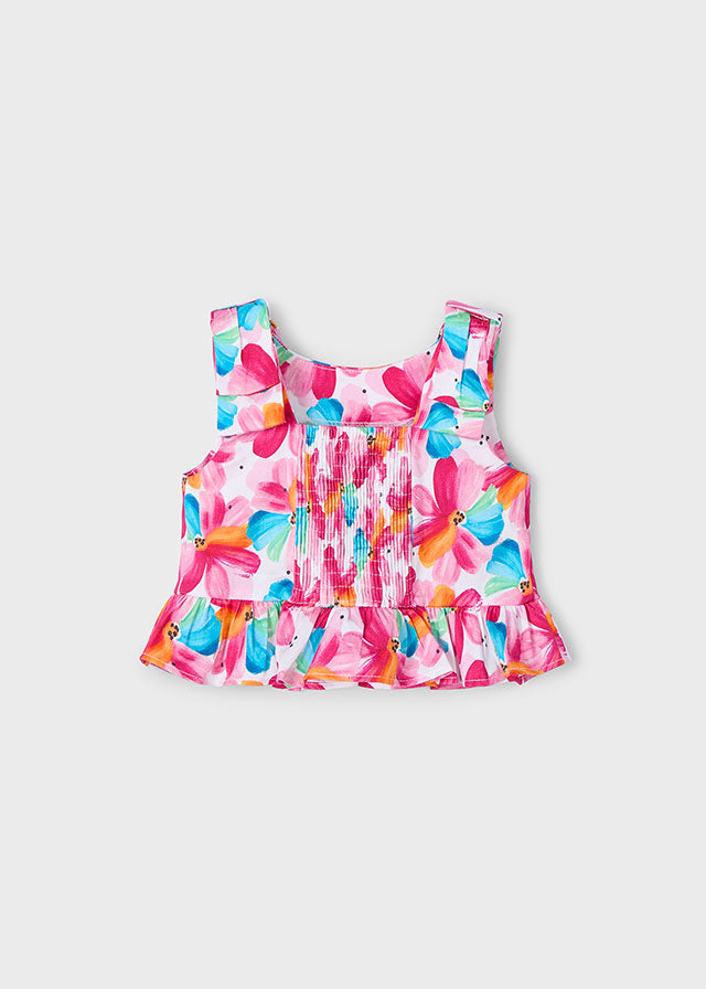 Mayoral 3023 Magenta Peplum Top and Mayoral 3905 Magenta Printed Shorts In Stock Now