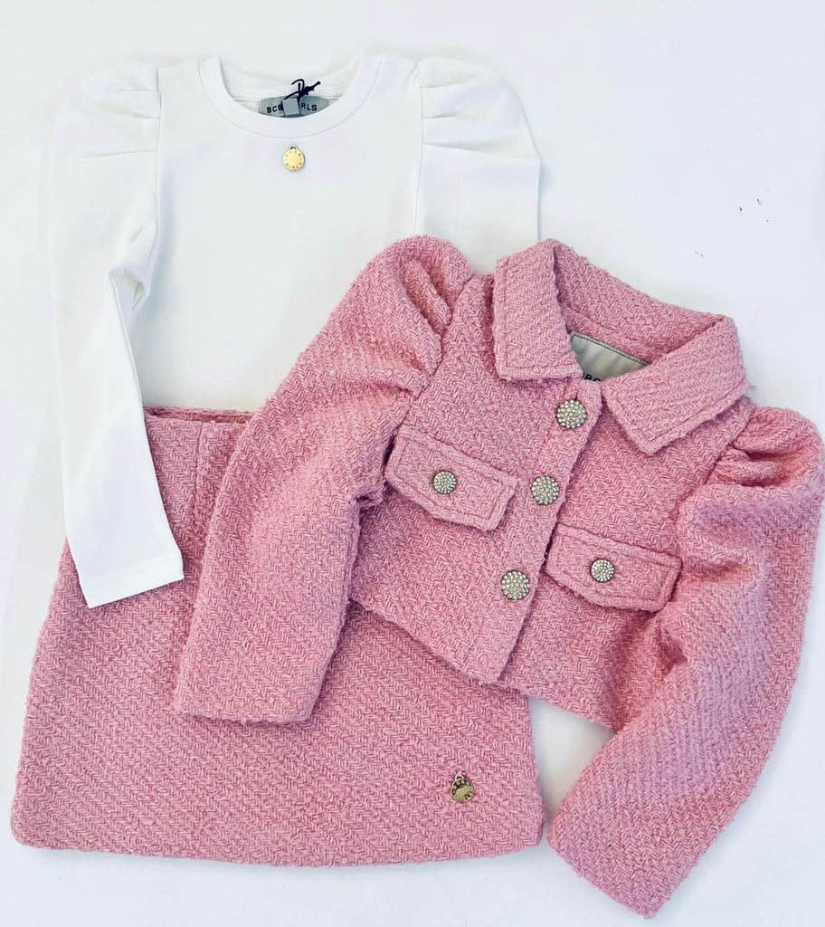 BCBG Cream Puff Sleeve Long Sleeve Top, Pink Tweed Skirt and Jacket In Stock Now
