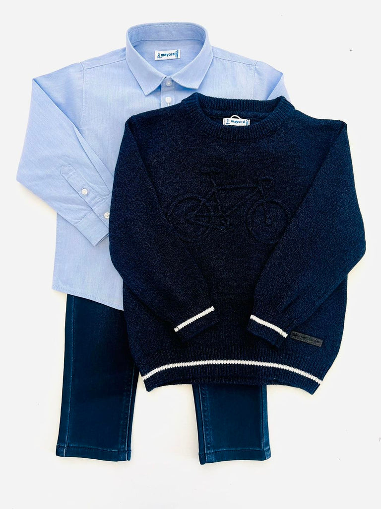 Mayoral 4341 Navy Embossed Jumper, 146 Blue Long Sleeve Shirt and 4540 Denim Jeans In Stock Now