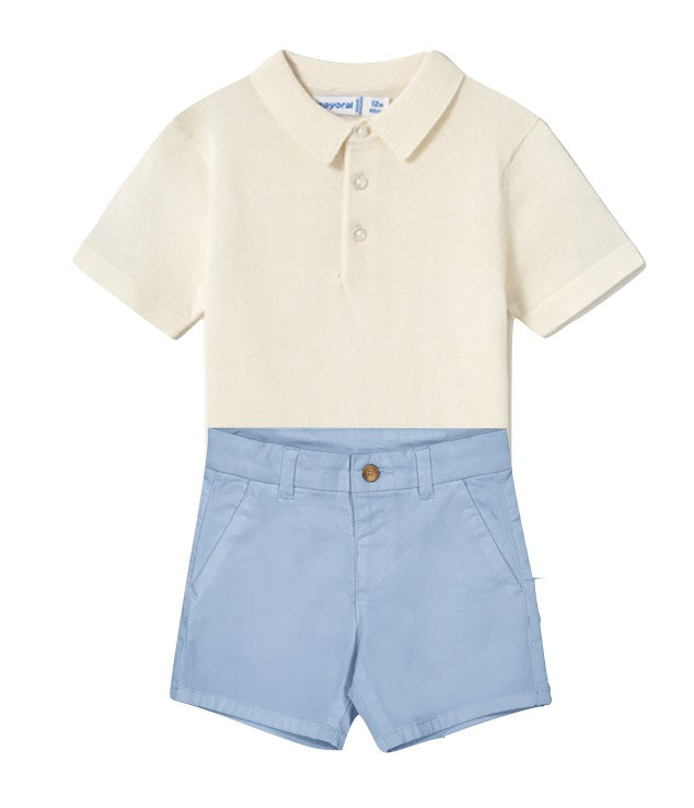Mayoral 1106 Cream Polo Shirt and Mayoral 207 Light Blue Twill Shorts In Stock Now