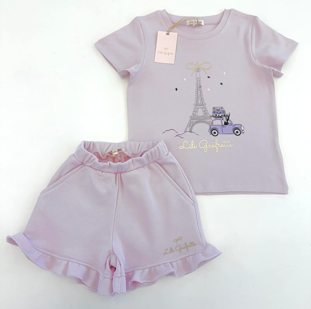 Lili Gaufrette Lilac Paris Tee-Shirt and Lilac Shorts Set In Stock Now