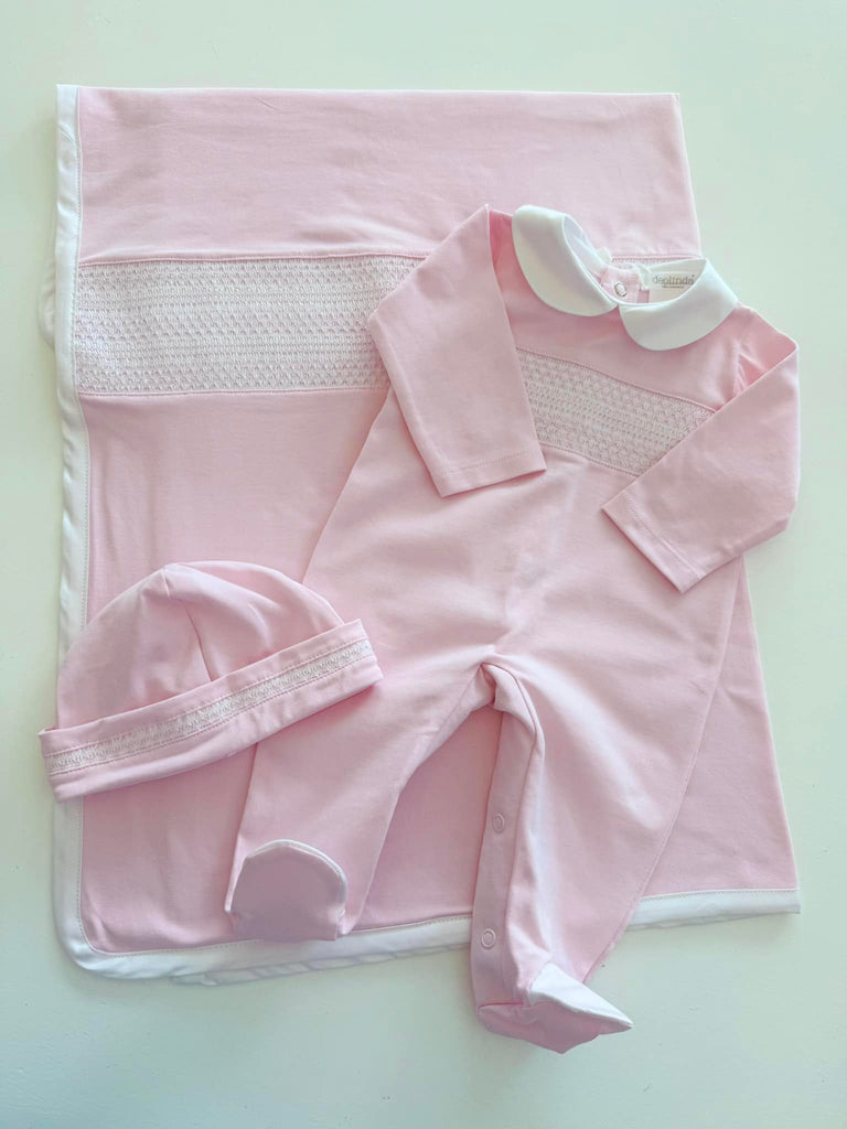 Deolinda 252601B Take Me Home Pink Smocked Pyjamas, Hat and Blanket In Stock Now
