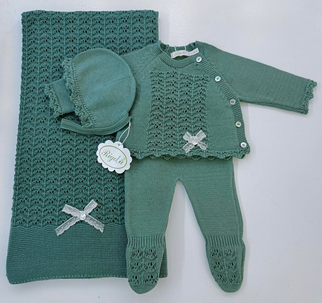 Rigola Organic Cotton Two Piece Knit Set, Bonnet and Blanket In Stock Now