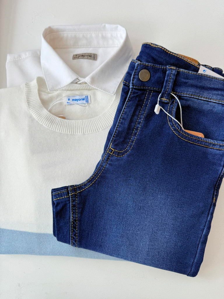 Mayoral 140 Sky Blue Long Sleeve Shirt, Mayoral 3567 Dark Denim Jeans and Mayoral 3366 Blue Stripe Jumper In Stock Now