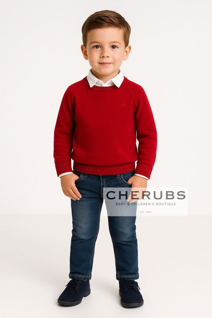 Mayoral 146 Long Sleeve White Shirt, Mayoral 323 Red Jumper and Mayoral 4571 Slim Fit Denim Trousers In Stock Now