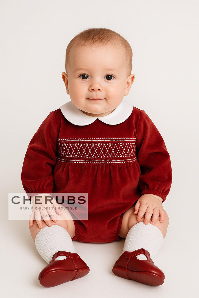 Deolinda 25508 Napoli Red Velvet Smocked Romper In Stock Now