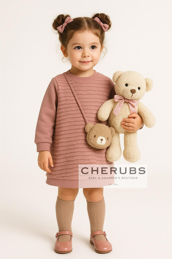 Mayoral 2919 Crystal Pink Dress with Teddy Bear Handbag In Stock Now