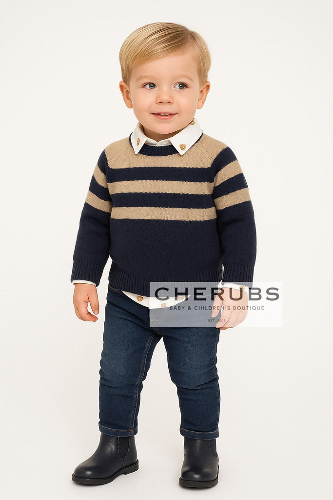 Mayoral 2107 Long Sleeve Teddy Bear Shirt, Mayoral 2342 Navy Blue Stripe Jumper and Mayoral 2502 Dark Denim Slim Fit Trousers In Stock Now