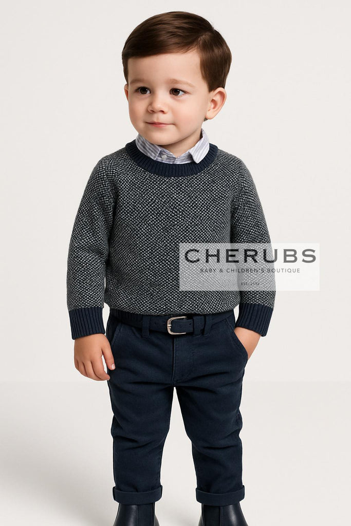 Mayoral 146 Long Sleeve Light Blue Shirt, Mayoral 4376 Navy Blue Jumper and Mayoral 513 Navy Blue Trousers In Stock Now