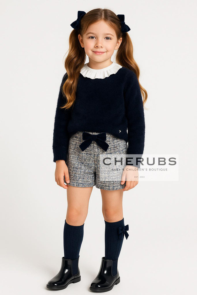 Mayoral 131 Cream Blouse, Mayoral 4224 Tweed Shorts and Mayoral 4307 Navy Jumper In Stock Now