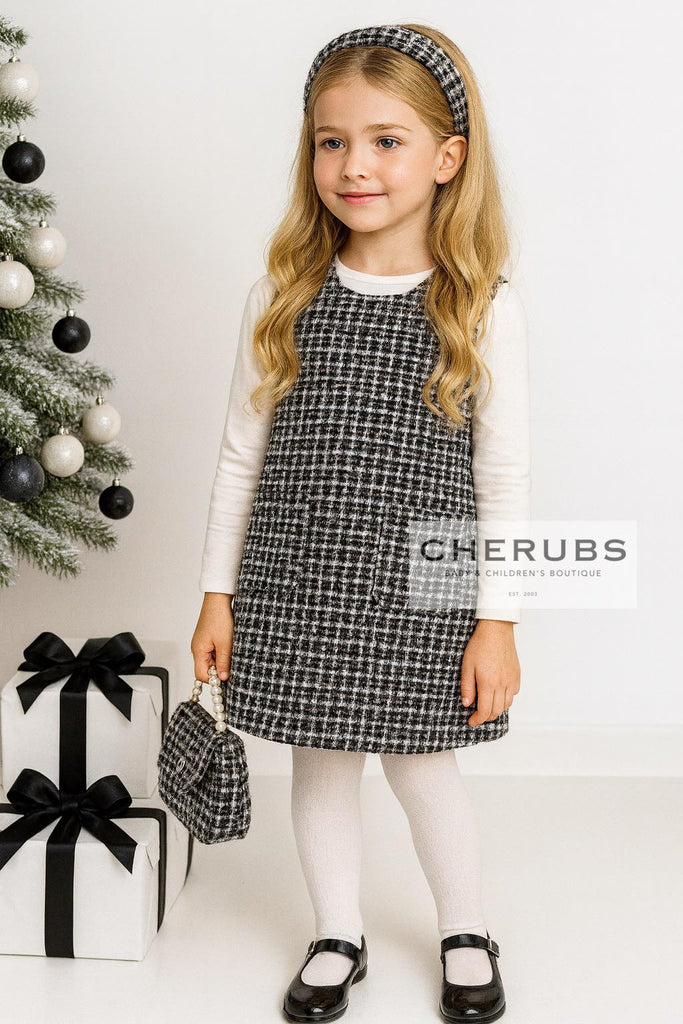 Cherubs Black Pinafore, Long Sleeve Top, Handbag and Headband In Stock Now