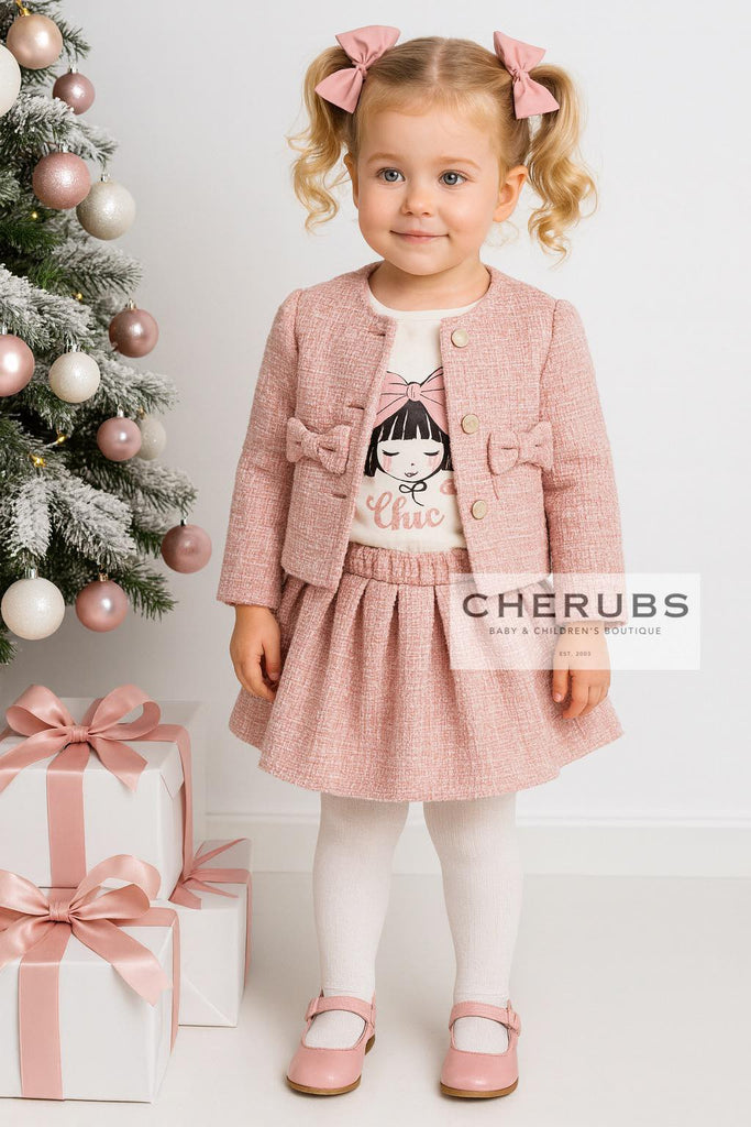 Cherubs Long Sleeve Tee-Shirt, Pink Tweed Skirt and Jacket In Stock Now