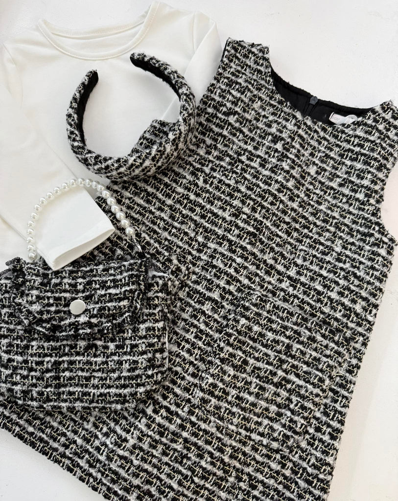 Cherubs Black Pinafore, Long Sleeve Top, Handbag and Headband In Stock Now