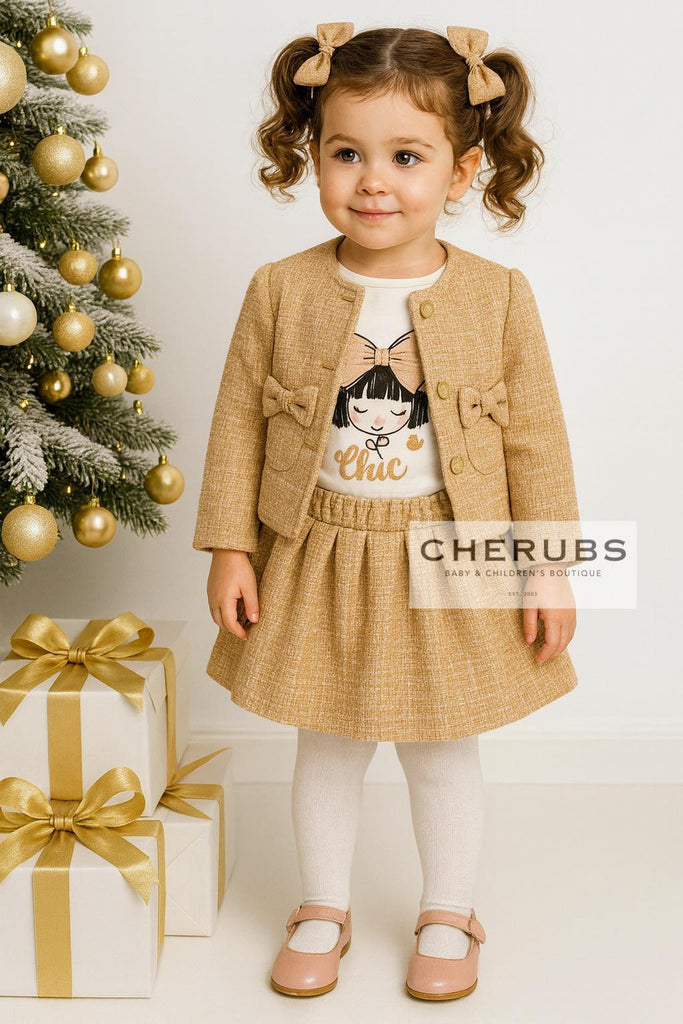 Cherubs Long Sleeve Tee-Shirt, Peach Tweed Skirt and Jacket In Stock Now