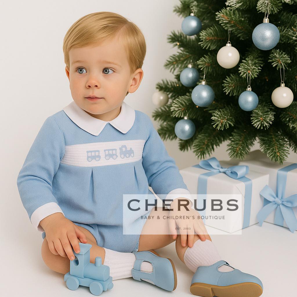 Deolinda 25513 Brian Pale Blue Smocked Train Romper In Stock Now