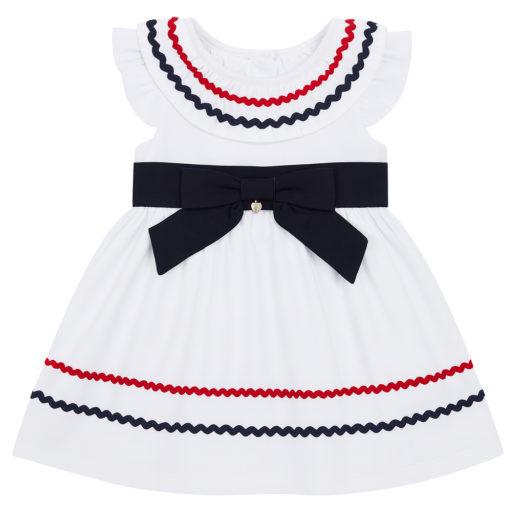 White & Navy Ric-Rac Bow Dress - Deolinda SS26 – Cherubs