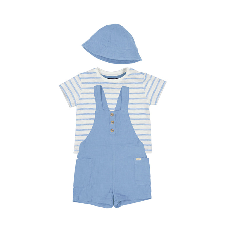 Mayoral 1651 Powder Blue Stripe Short Sleeve Tee-Shirt, Dungaree and Hat