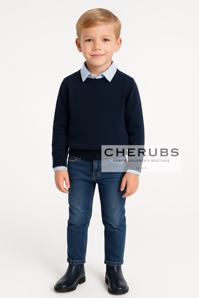 Mayoral 146 Long Sleeve Blue Stripe Shirt, Mayoral 323 Navy Jumper and Mayoral 4571 Slim Fit Denim Jeans In Stock Now