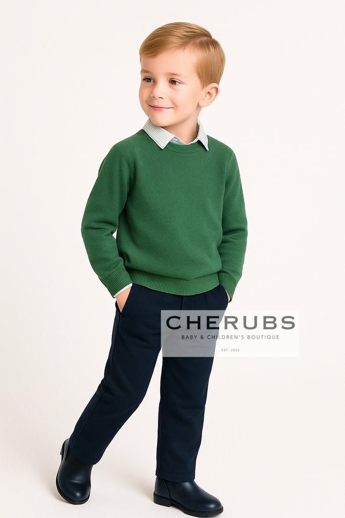 Mayoral 146 Long Sleeve Green Stripe Shirt, Mayoral 323 Green Jumper and Mayoral 513 Navy Blue Trousers In Stock Now