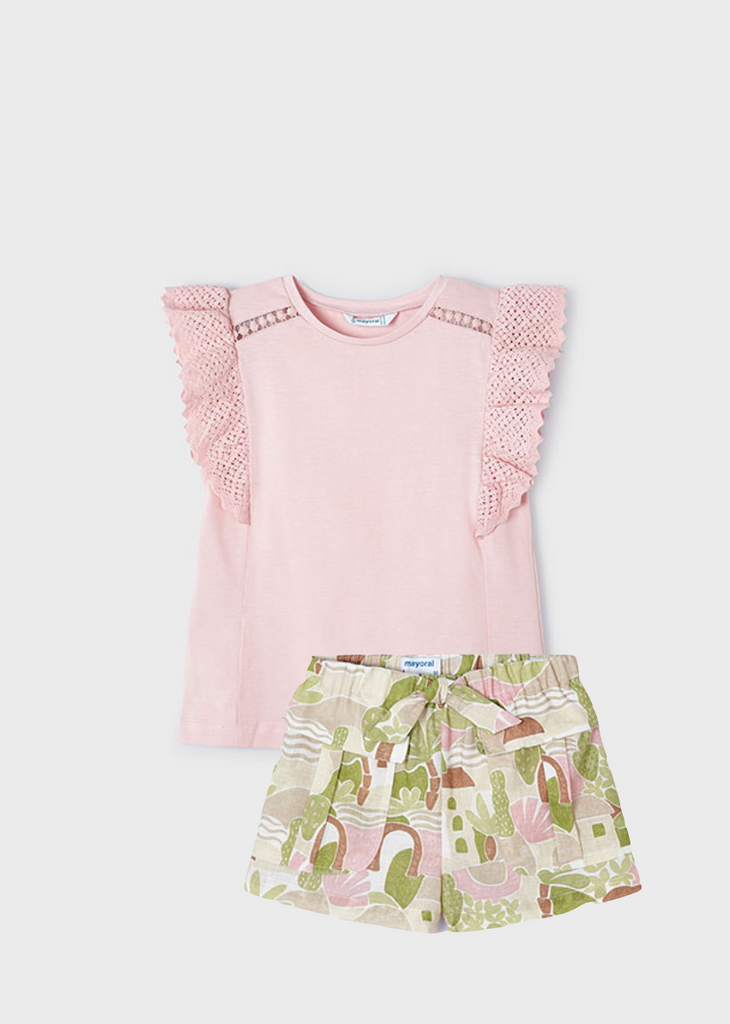 Pre-Order Mayoral 3082 100% Cotton Blush Short Sleeve Tee-Shirt and 3254 100% Cotton Apple Patterned Shorts