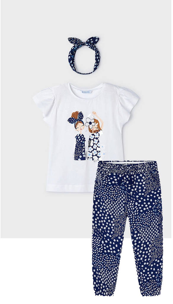 Mayoral 3089 100% Cotton White Short Sleeve Tee-Shirt, Headband and 3535 100% Cotton Ink Printed Trousers
