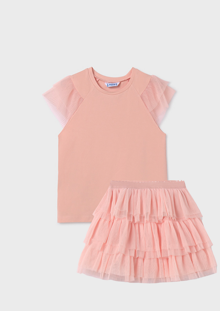 Coming Soon Mayoral 6001 Tulip Rose Short Sleeve Tee-Shirt and 6937 Tulip Rose Tulle Skirt