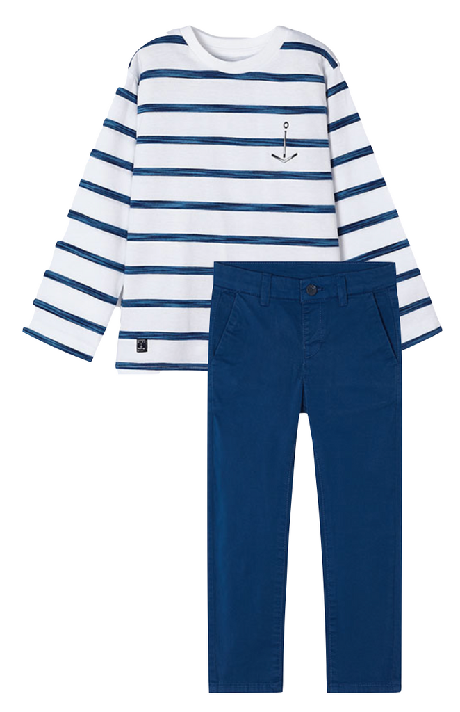 Mayoral 3025 White Navy Long Sleeve Stripes Tee-Shirt and 512 Cyan Trousers