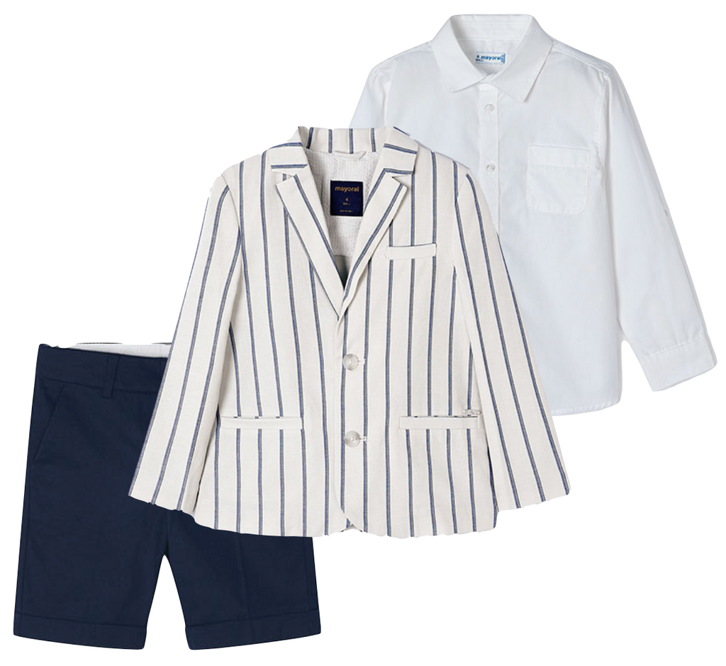 Mayoral 140 White Long Sleeve Shirt, 3267 Navy Linen Bermuda Shorts and 3485 Stone Stripes Blazer