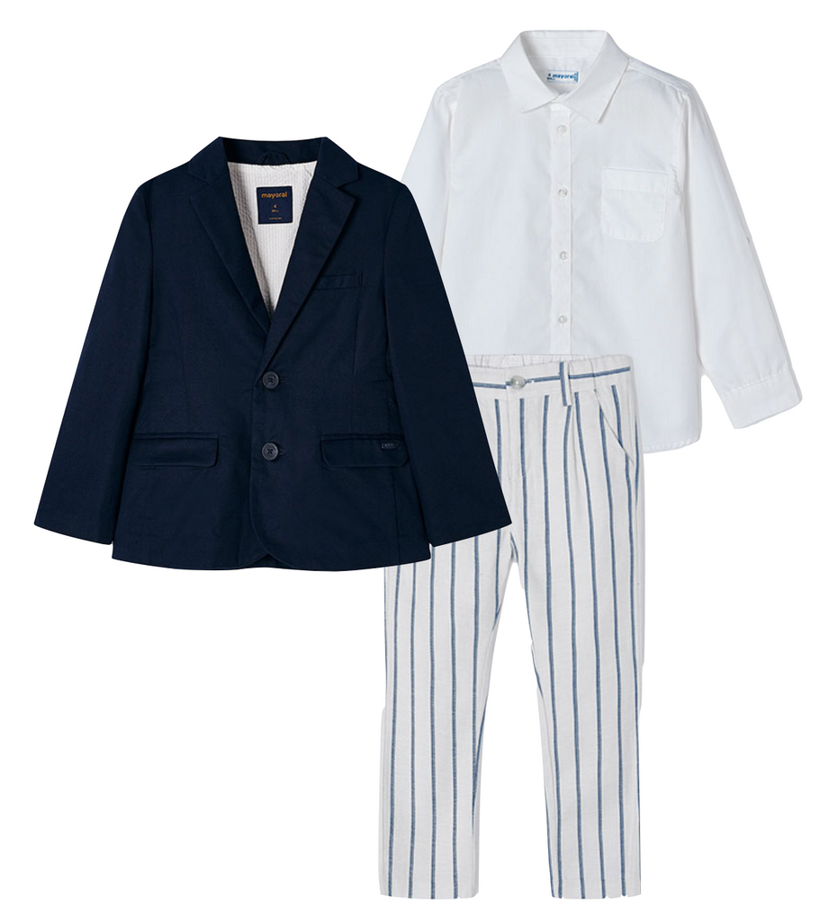 Mayoral 140 White Long Sleeve Shirt, 3541 Stripe Trousers and 3486 Navy Blazer