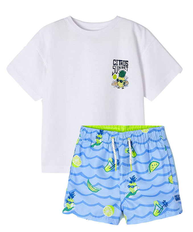 Mayoral 3023 White Short Sleeve Tee-Shirt and 3616 Powder Blue Swim Shorts