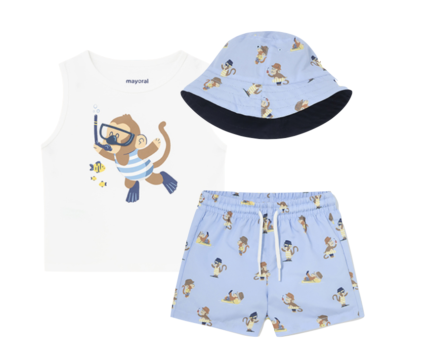 Coming Soon Mayoral 1036 Top with 1647 Sky Blue Swim Shorts and Hat