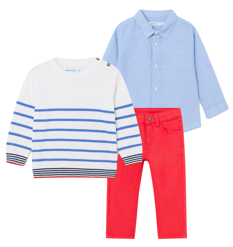 Mayoral 117 Sky Blue Long Sleeve Shirt, 1385 Stripe Jumper and 506 Watermelon Trousers