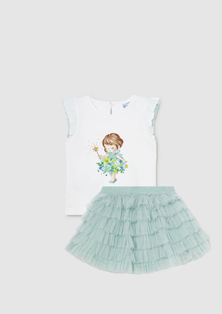 Coming Soon Mayoral 1005 White Anise Short Sleeve Tee-Shirt and 1981 Anise Tulle Skirt
